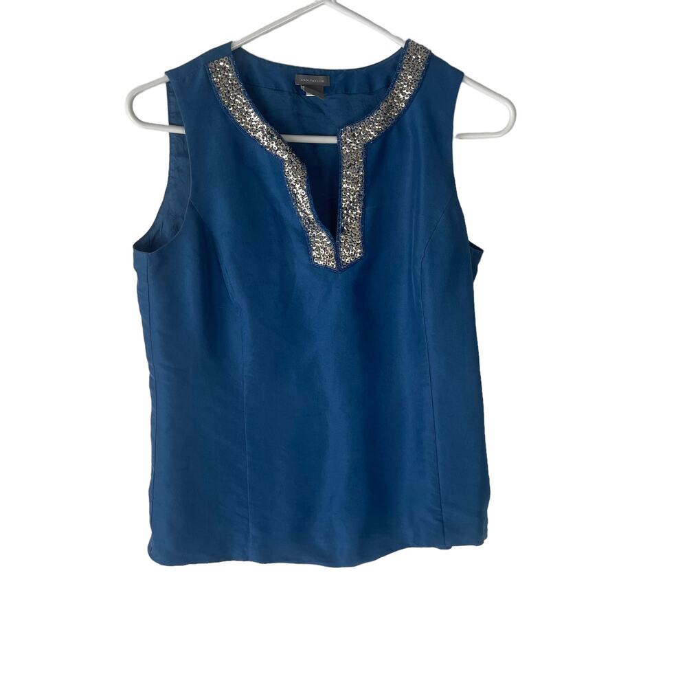 Ann Taylor Blue Sequin Embellished Sleeveless Shell Top Side Zip Size 4